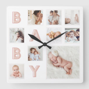Pink Baby Letters Newborn Baby Photo Grid Collage Square Wall Clock