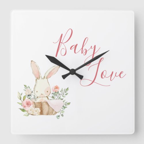 Pink Baby Love Script Woodland Forest Bunny Rabbit Square Wall Clock