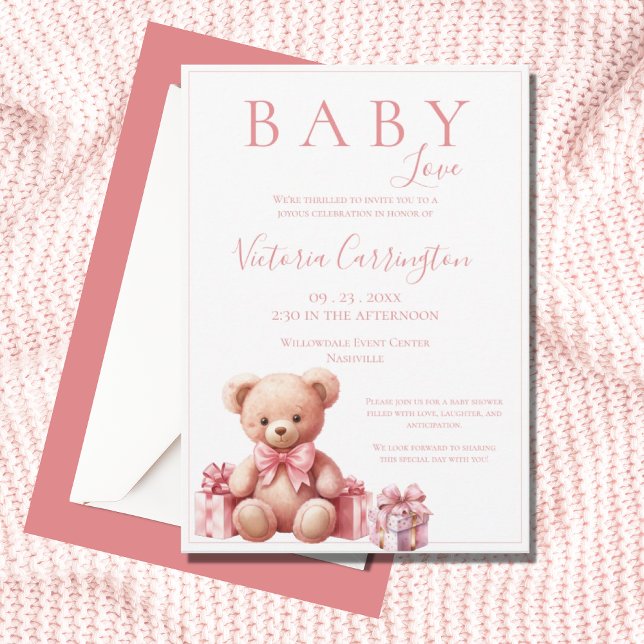 Pink Baby Love Watercolor Bear Baby Shower Invitation (Creator Uploaded)