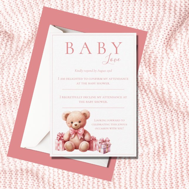 Pink Baby Love Watercolor Bear Baby Shower RSVP Card (Creator Uploaded)