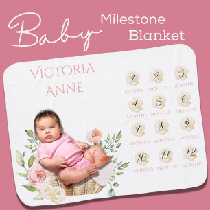 Pink Baby Milestone Floral Basket  Baby Blanket