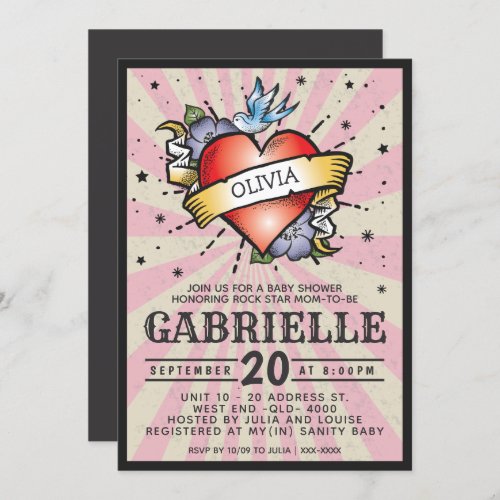 Pink Baby Name Rock and Roll Tattoo Baby Shower Invitation