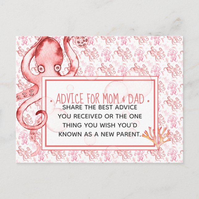 Pink Baby Octopus Baby Shower Advice for Mom & Dad Postcard (Front)