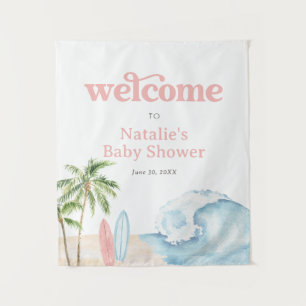 Pink Baby on Board Surf Baby Shower Welcome Sign Tapestry