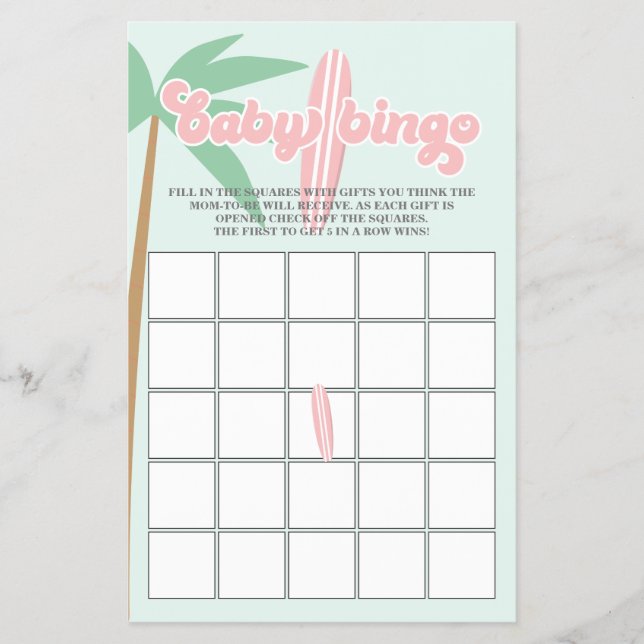 Pink Baby on Board Surfing Baby Shower Bingo Flyer (Front)