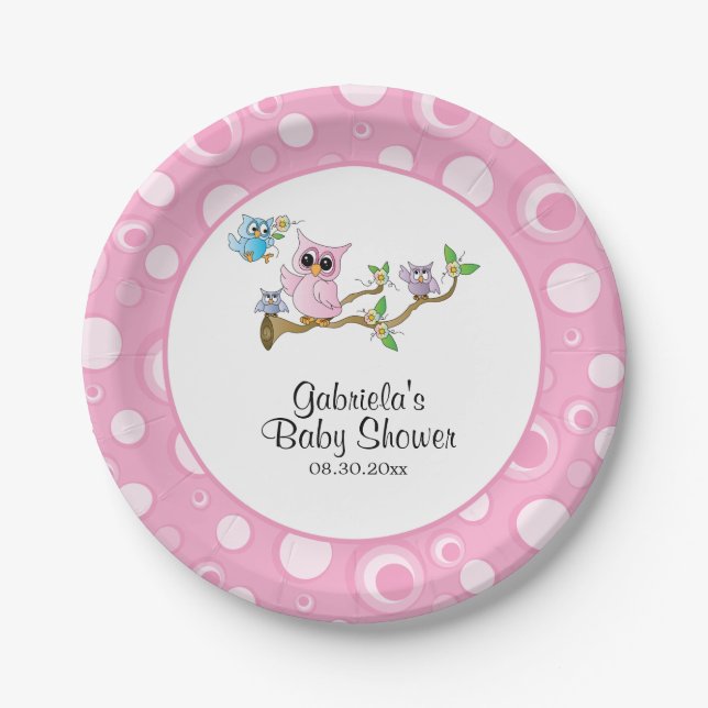 Pink Baby Owl Baby Shower Theme Paper Plates (Front)
