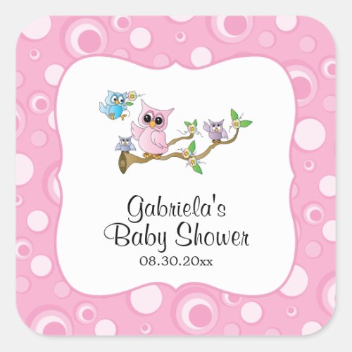 Pink Baby Owl Baby Shower Theme Square Sticker