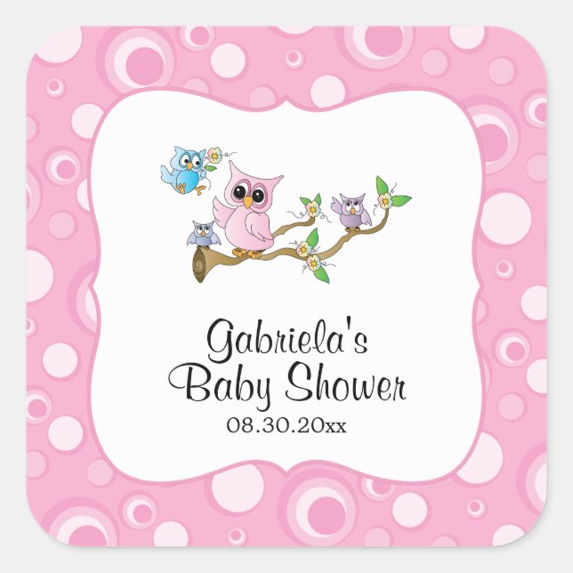 Pink Baby Owl Baby Shower Theme Square Sticker (Front)