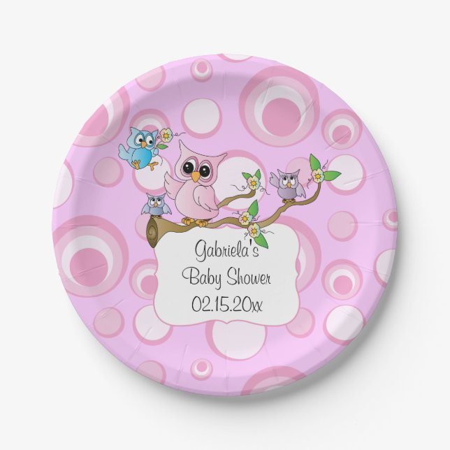 Pink Baby Owl | Shower Theme | DIY Text Paper Plates (Front)