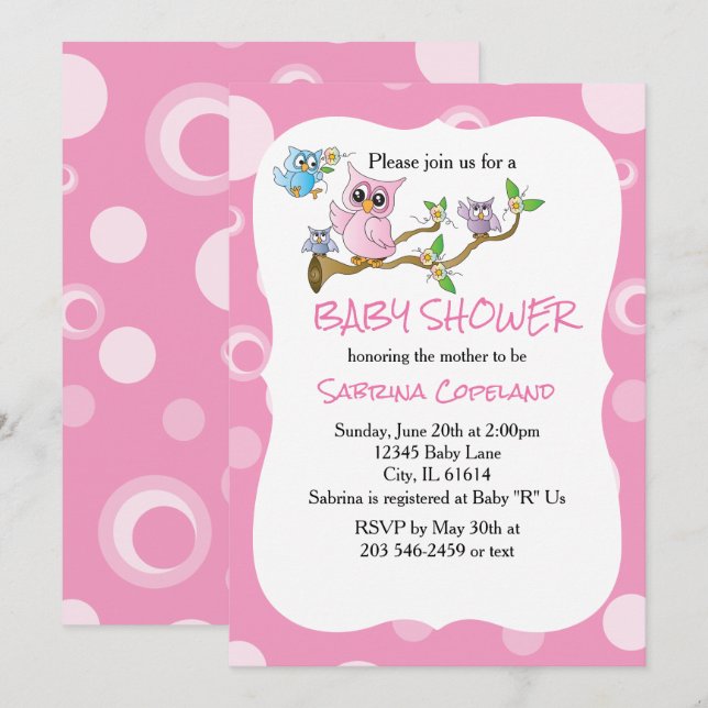 Pink Baby Owl | Shower Theme Invitation (Front/Back)