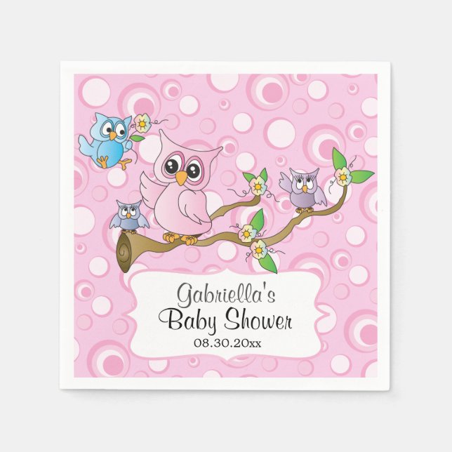 Pink Baby Owls On a Branch Paper Napkins (Front)