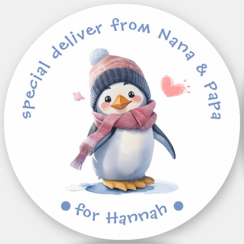 Pink Baby Penguin Christmas for Kids Gift Label