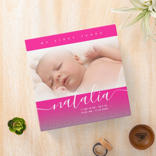 Pink Baby Photo Glitter Handwritten My First Years 3 Ring Binder (In Situ)