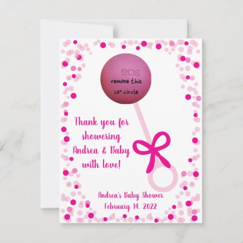 Pink Baby Rattle EOS Lip Balm Shower Favor Note Card