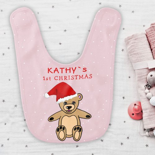 Pink Babys First Christmas Teddy Bear Santa Hat B Baby Bib