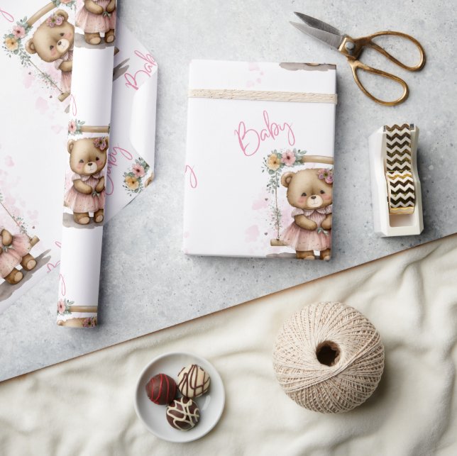 Pink Baby Script Teddy Bear Baby Shower Wrapping Paper (Crafts)