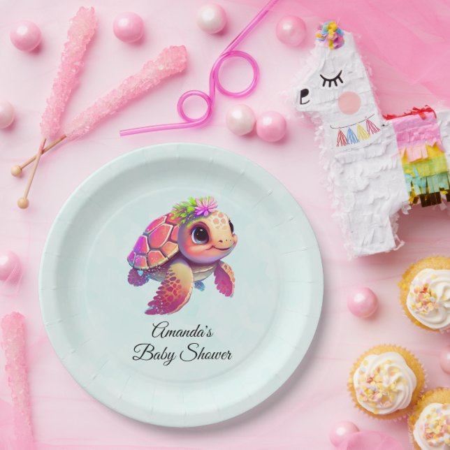 Pink Baby Sea Turtle Whimsical & Cute Baby Shower Paper Plates (Party)