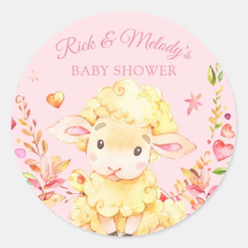 Pink Baby Sheep  Lamb Pink Girls Baby Shower Classic Round Sticker