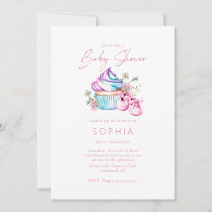 Pink baby shoes, cupcake and flowers Baby Shower Invitation