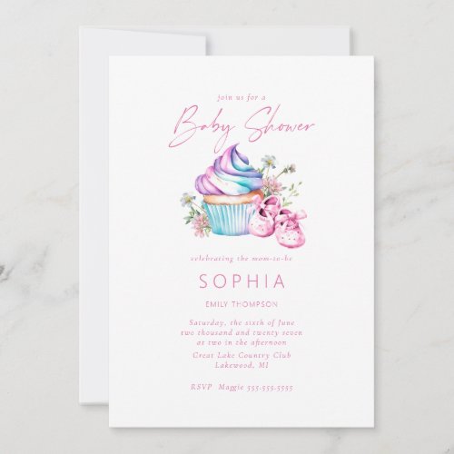 Pink baby shoes cupcake and flowers Baby Shower Invitation