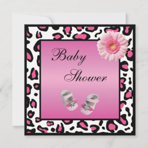 Pink Baby Shoes Gerbera & Animal Print Baby Shower Invitation