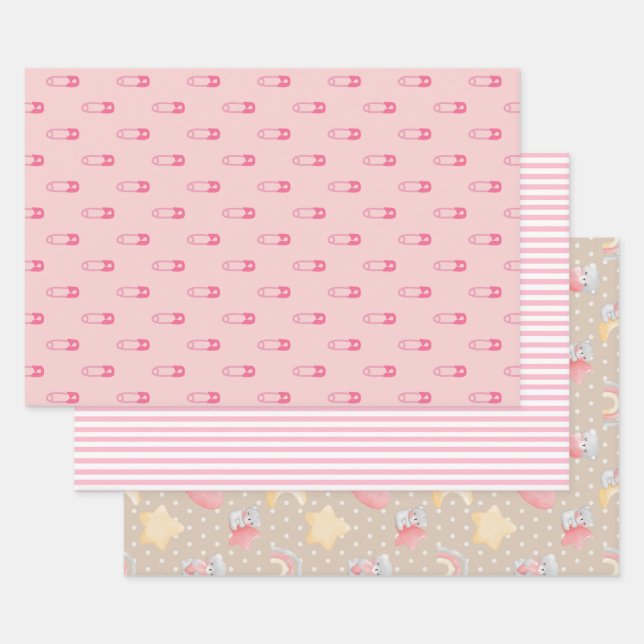 Pink Baby Shower Assortment Wrapping Paper Sheets (Set)