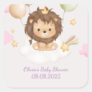 PINK BABY SHOWER BABY LION  SQUARE STICKER