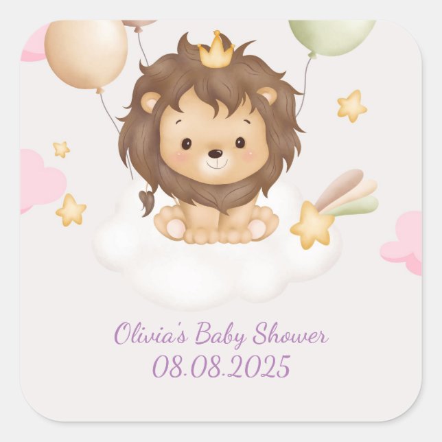 PINK BABY SHOWER BABY LION  SQUARE STICKER (Front)