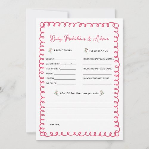 Pink Baby Shower Baby Prediction and Advice Cards