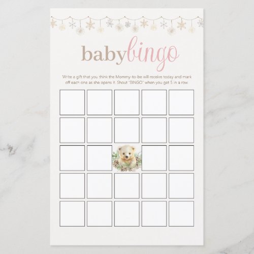 Pink Baby Shower Bingo Party Game Winter Boho Bear