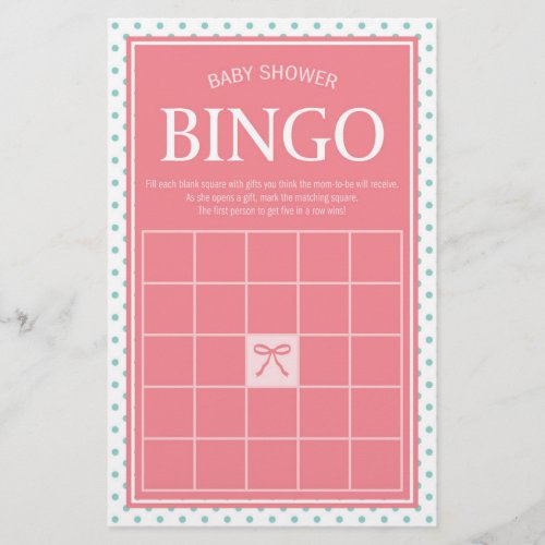 Pink Baby Shower Bingo Polka Dots and Ribbon Stationery