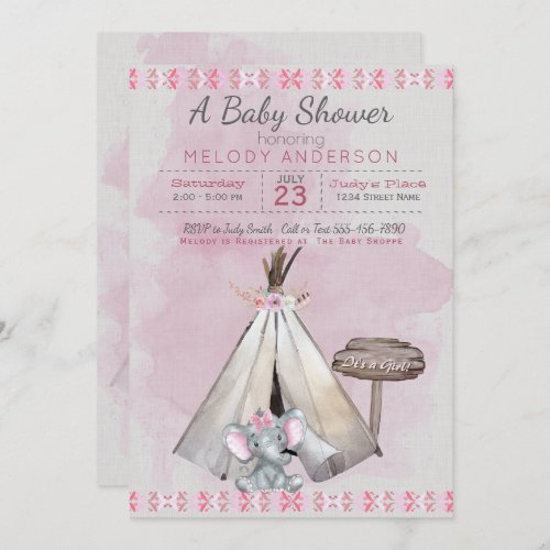 Pink Baby Shower Boho Baby Elephant  Tipi Invitation