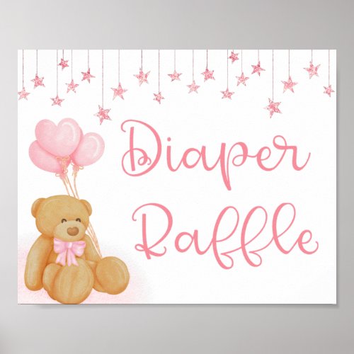 Pink Baby Shower Diaper Raffle Sign Teddy Bear