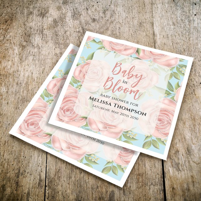 Pink Baby Shower Floral Bloom Custom Napkins (Chic pink floral pattern custom napkin. )