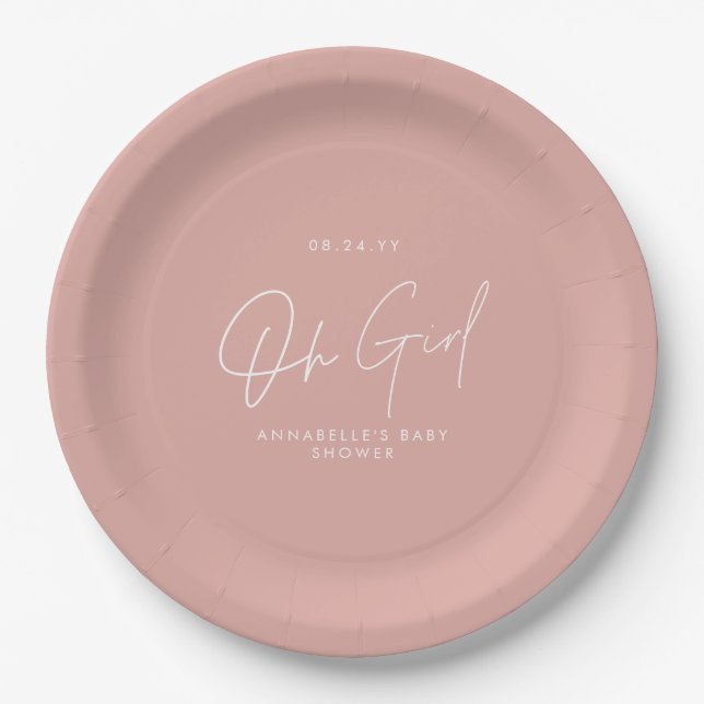 pink baby shower gender reveal paper plates (Front)
