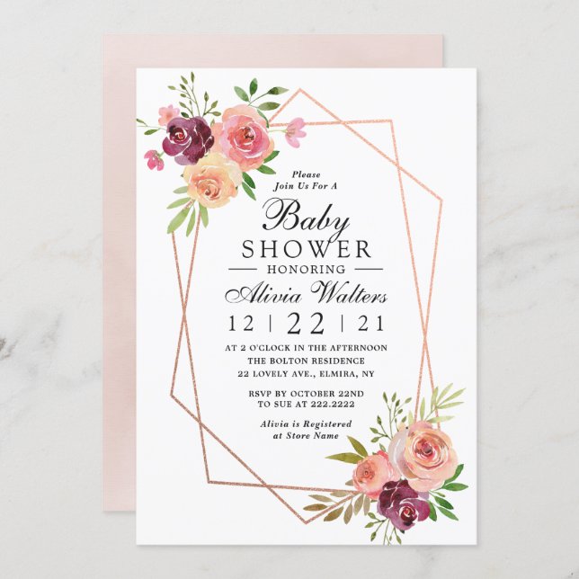 Pink Baby Shower Geometric Rose Gold Floral Invitation (Front/Back)