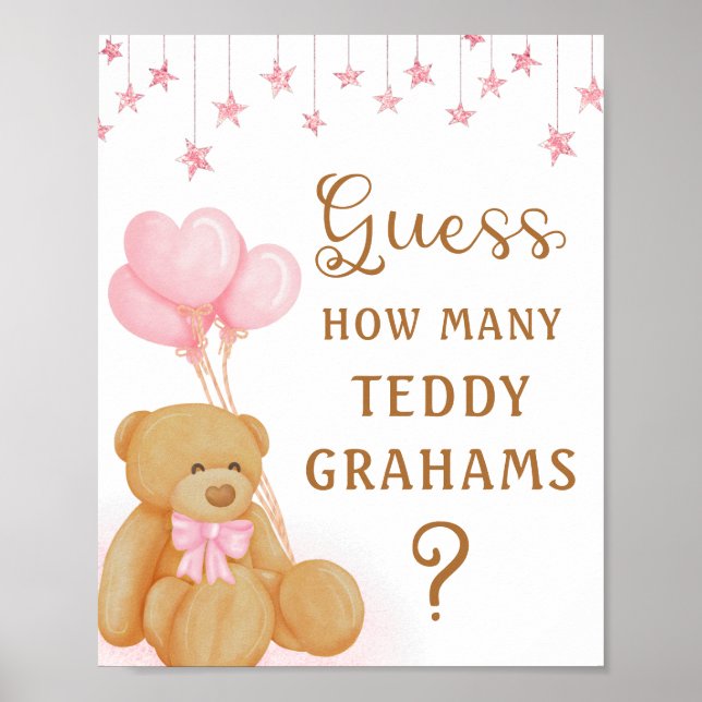 Pink Baby Shower Guessing Game Sign Teddy Bear (Front)
