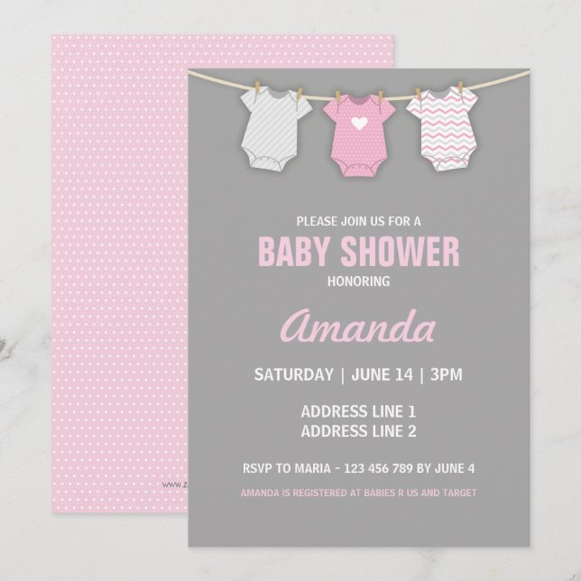 Pink Baby Shower Invitation, Clothesline Theme Invitation (Front/Back)