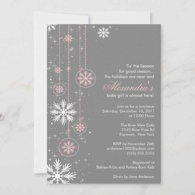 Pink Baby Shower Invitation Winter Snowflakes (Front)