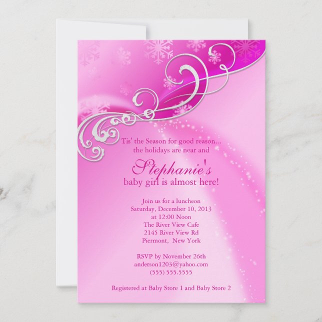 Pink Baby Shower Invitation Winter Snowflakes (Front)