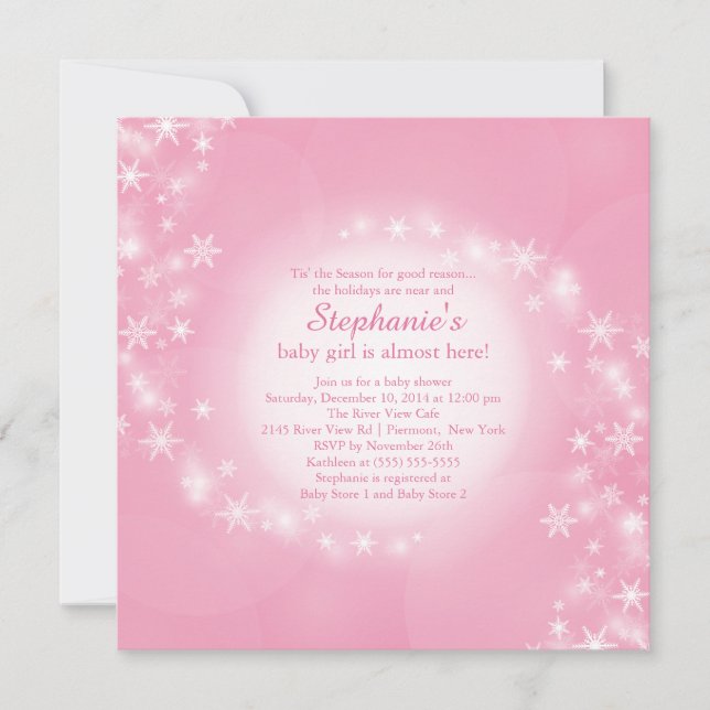 Pink Baby Shower Invitation Winter Snowflakes (Front)