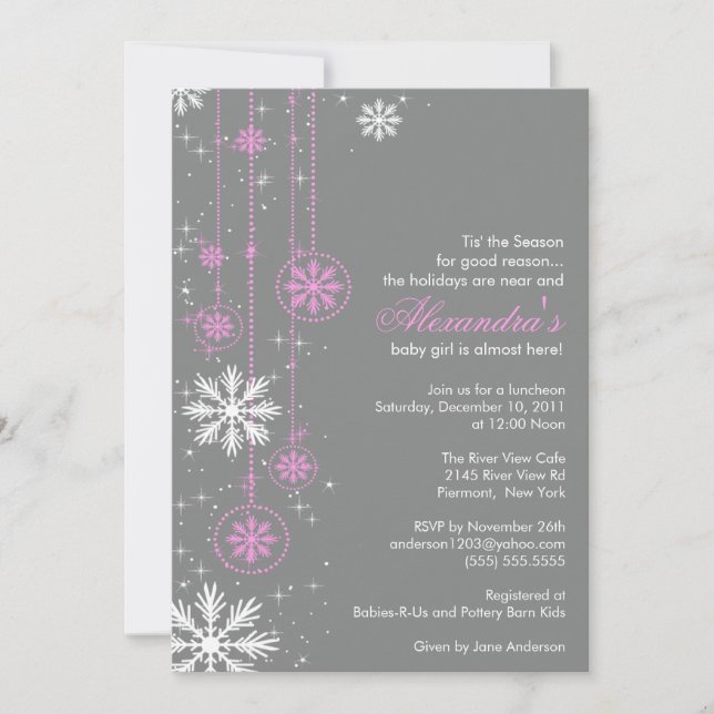 Pink Baby Shower Invitation Winter Snowflakes (Front)