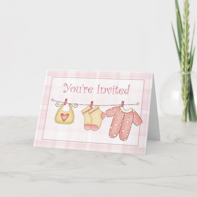 Pink Baby Shower Invitation with Clothesline (Front)