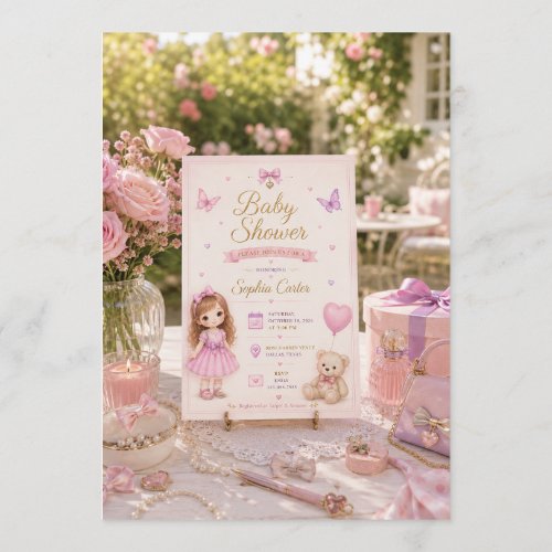Pink Baby Shower Invitation with Cute Girl