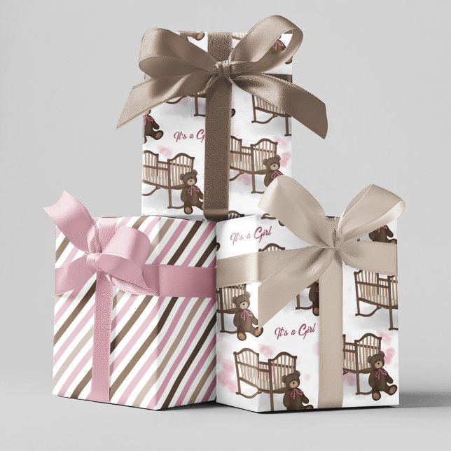 Pink Baby Shower It's A Girl Teddy Bear  Wrapping Paper Sheets (Pink and brown "it's a girl" wrapping paper. )