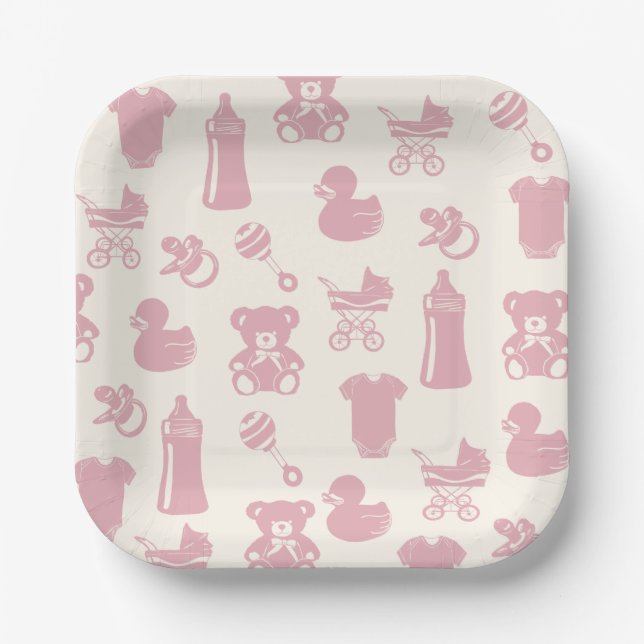 Pink Baby Shower Pattern Paper Plates (Front)