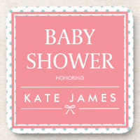 Pink Baby Shower Polka Dots and Ribbon Drink Coaster