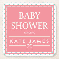 Pink Baby Shower Polka Dots and Ribbon Square Paper Coaster