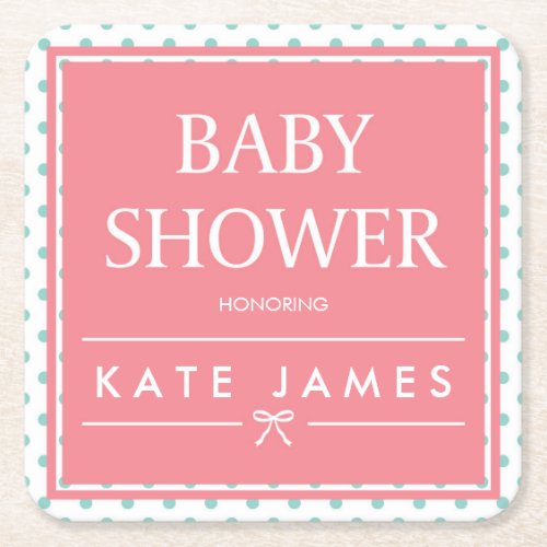 Pink Baby Shower Polka Dots and Ribbon Square Paper Coaster