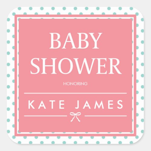 Pink Baby Shower Polka Dots and Ribbon Square Sticker